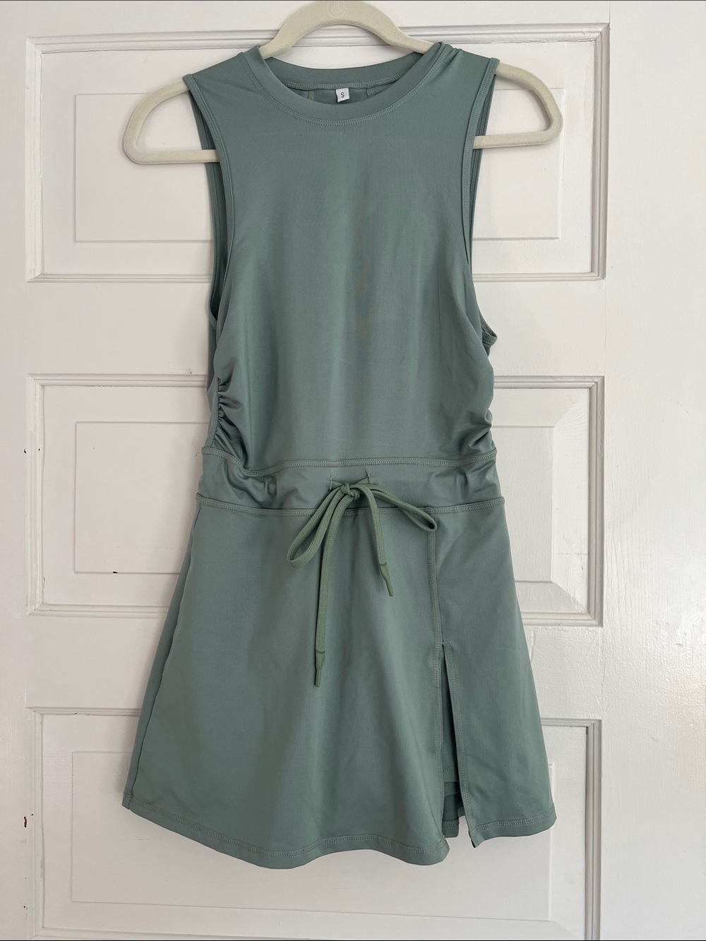 Sleeveless Sage Green Drawstring Mini Dress